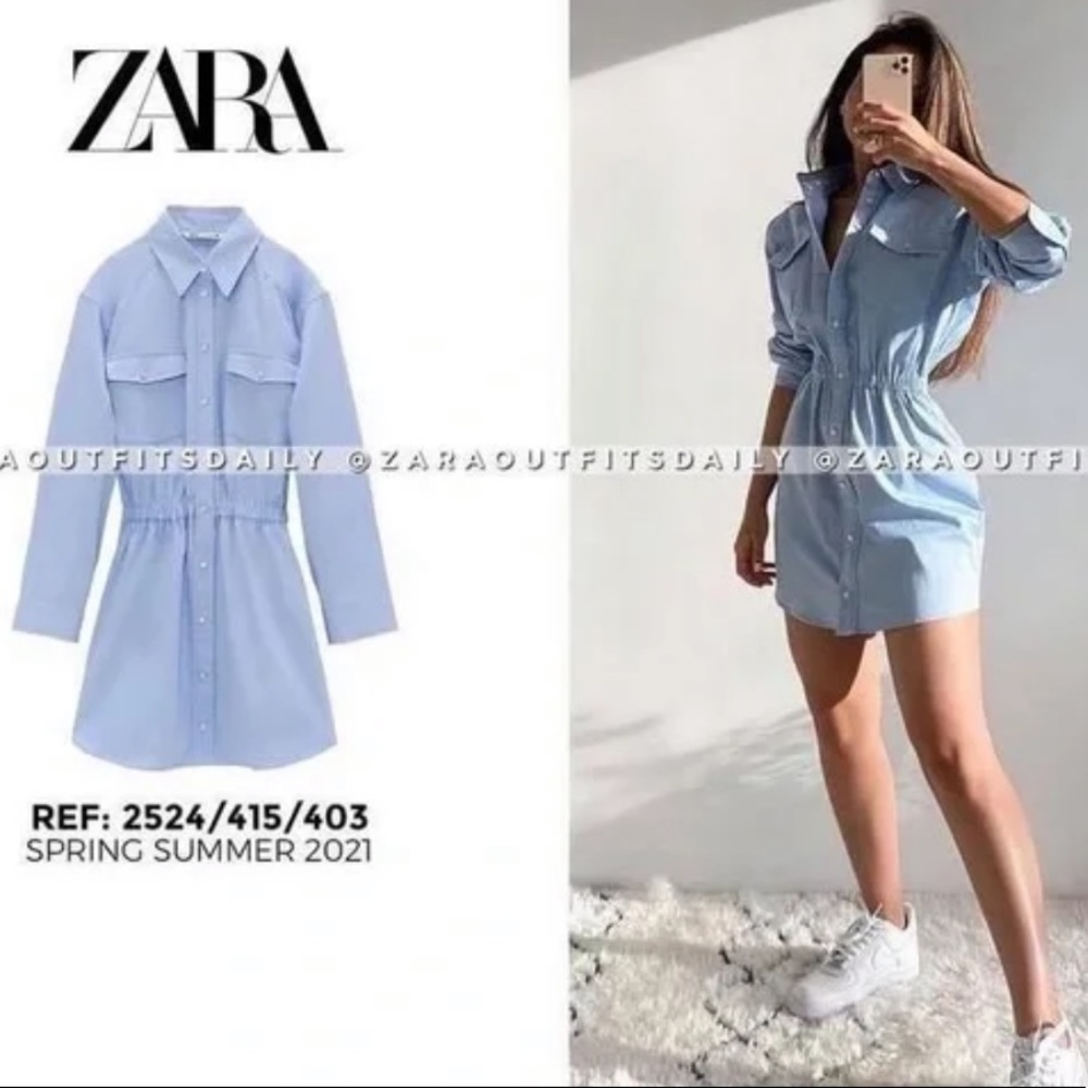 Zara Mini Shirt Dress Button Down Front Patch Pockets Long Sleeves Blue XS NEW